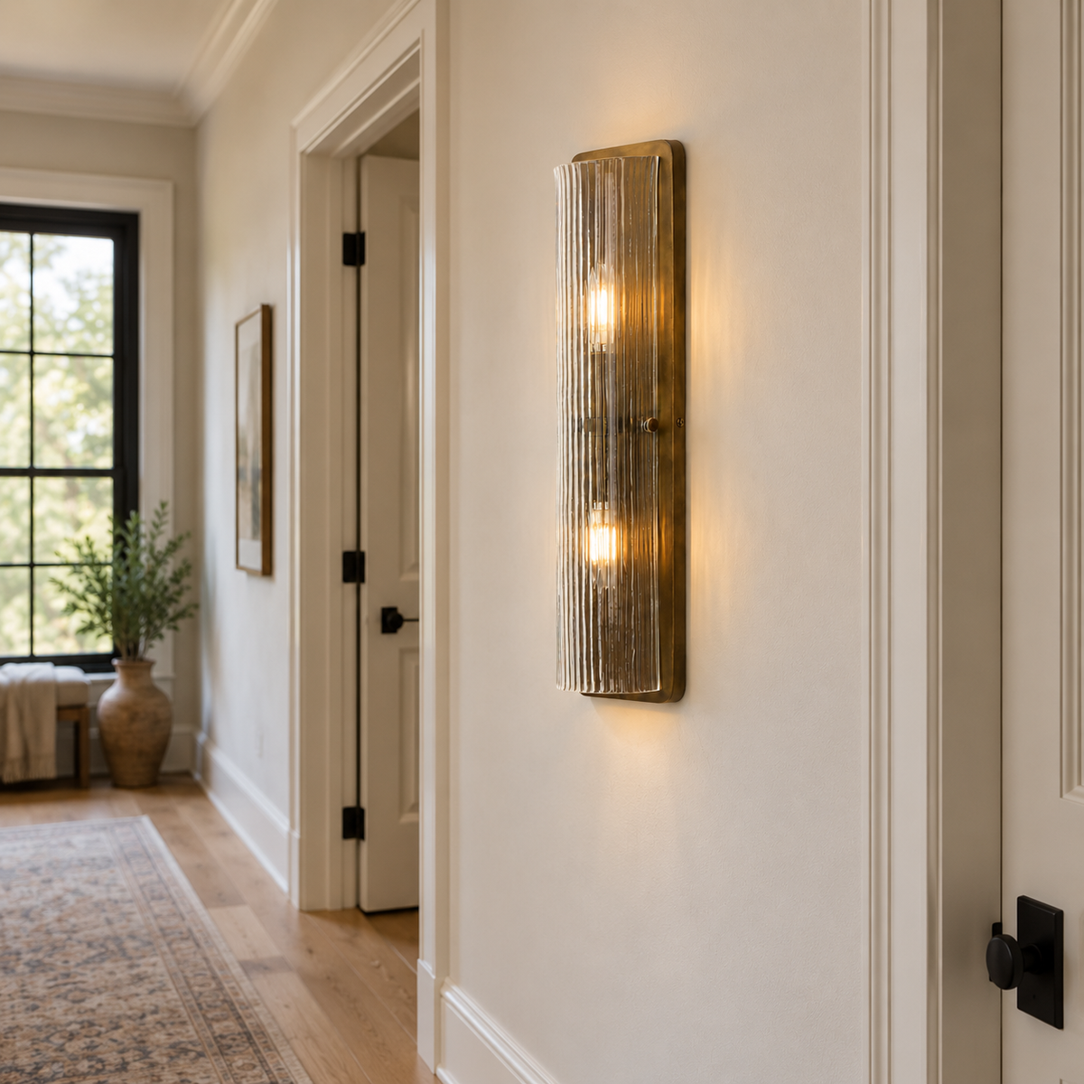 Kiera vertical glass wall sconce in an upstairs hallway