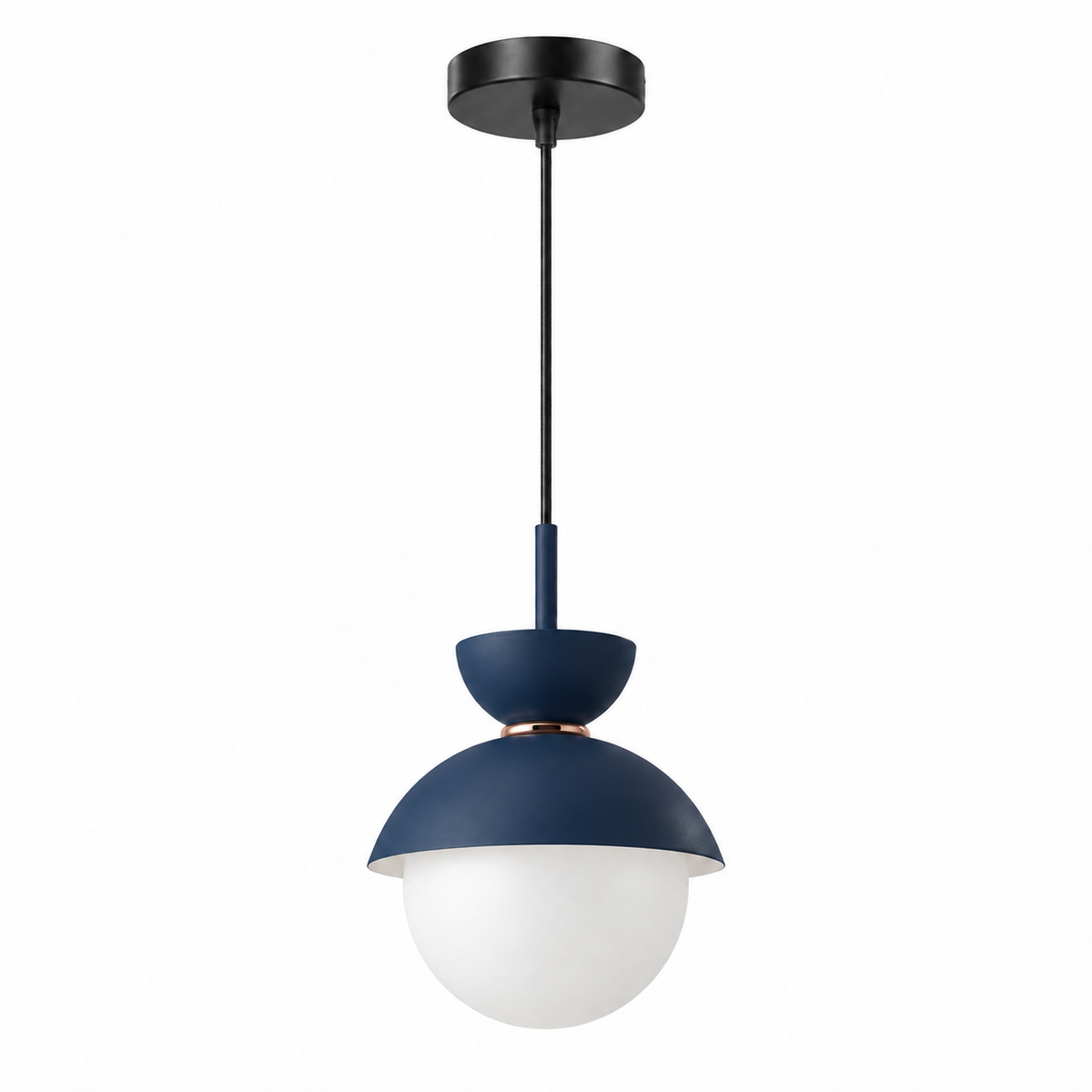 Navy blue Zosia metal and opal glass pendant on white background