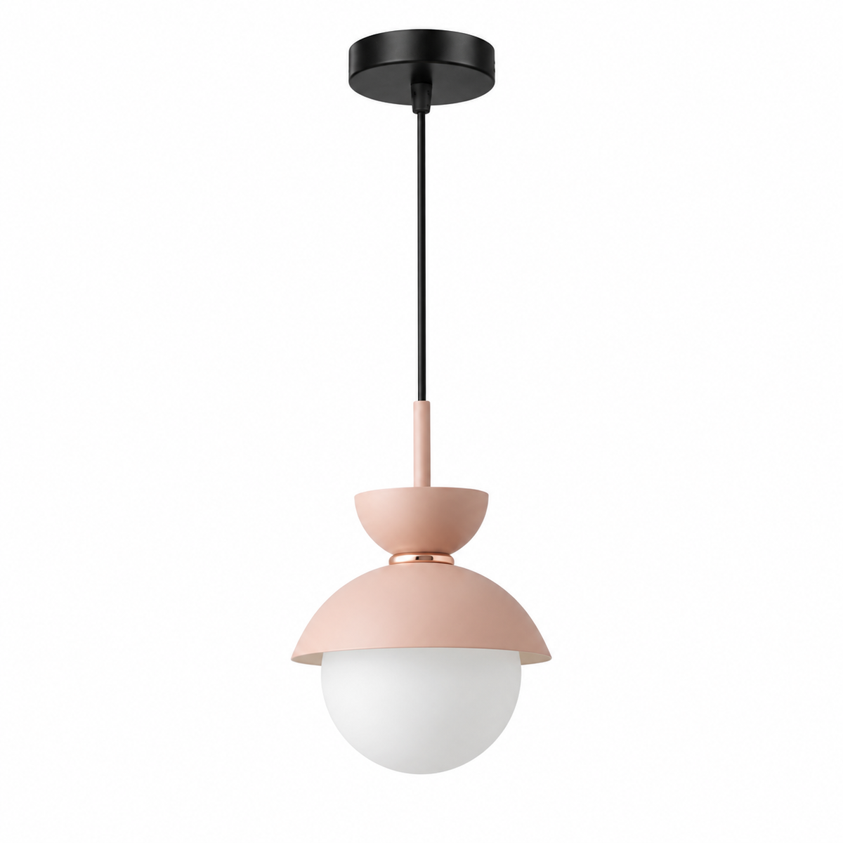 Blush pink Zosia metal and opal glass pendant on white background