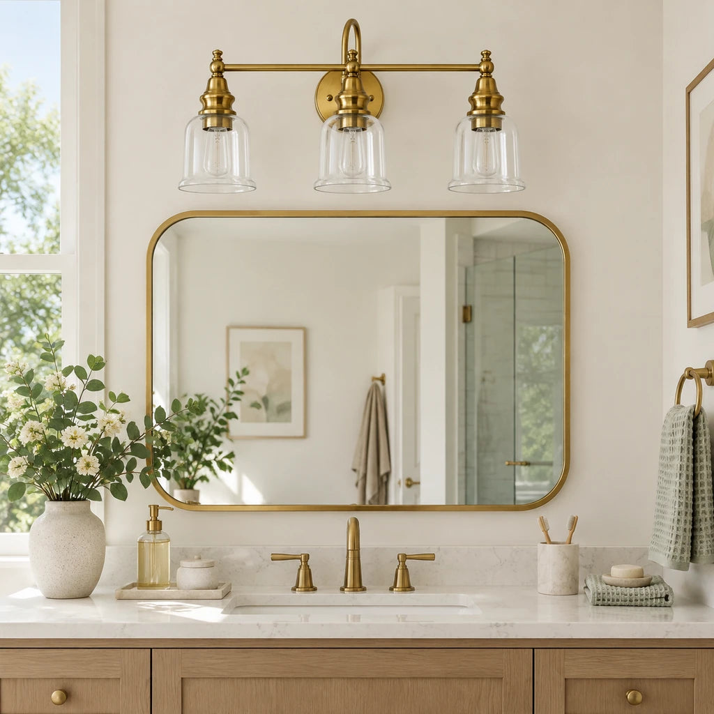 Aurelia Brass vanity light bathroom scene