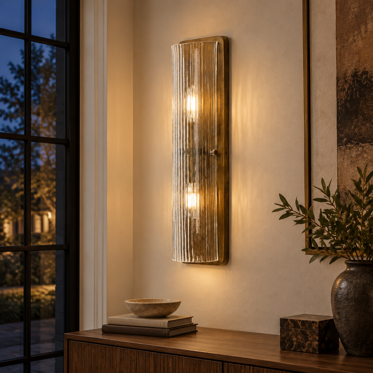 Kiera Burnished Brass reeded glass wall sconce illuminated in an evening entryway