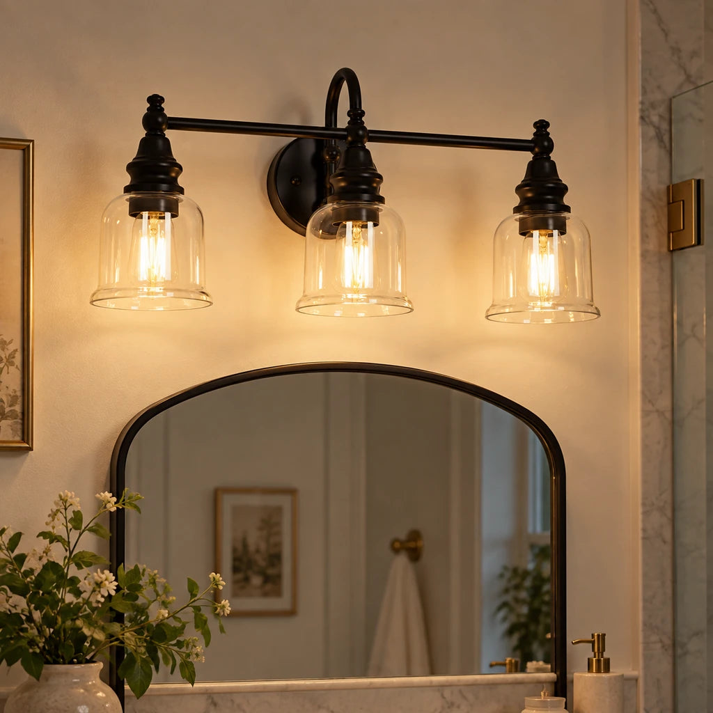 Aurelia Black vanity light warm evening scene