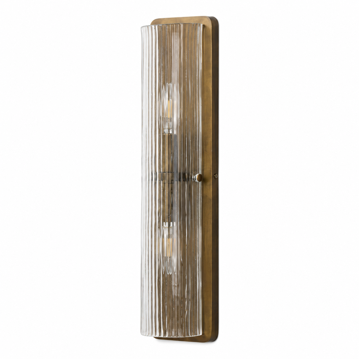 Kiera Burnished Brass vertical reeded glass wall sconce switched off on white