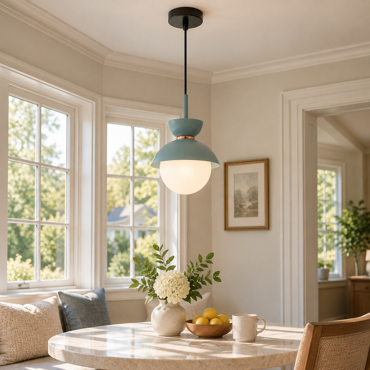 Light blue Zosia pendant above a breakfast table