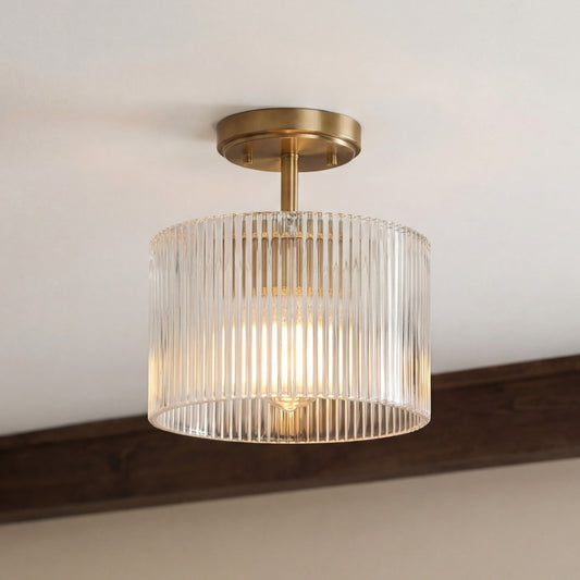 Farmhouse Ribbed Glass Drum Shade Brass Semi Flush Mount Ceiling Light