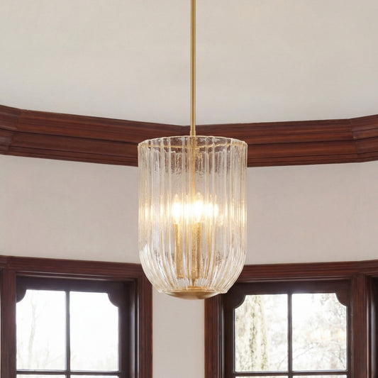 Glass Lantern Pendant Light with Ribbed Glass in Champagne Aged Brass Finish