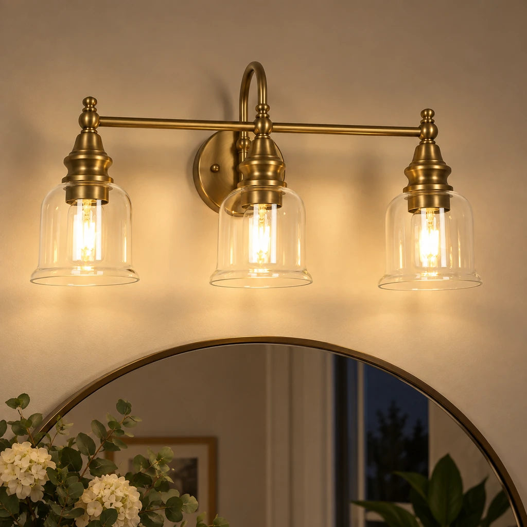 Aurelia Brass vanity light warm evening scene