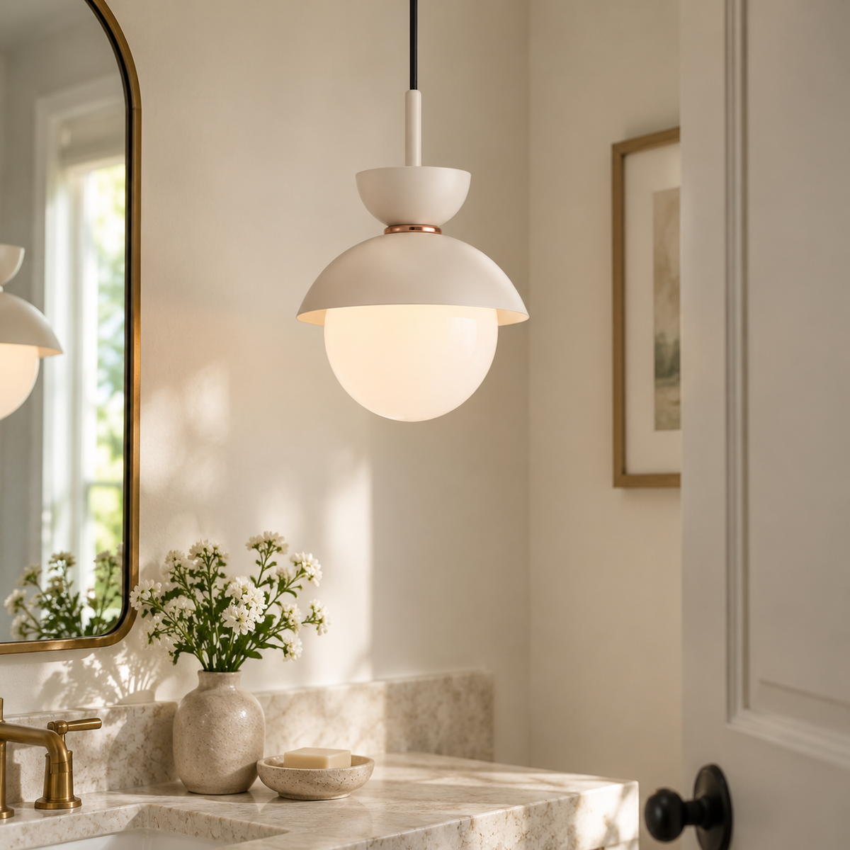 Off-white Zosia pendant beside a powder room vanity