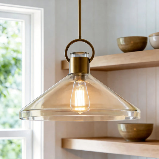 Modern Farmhouse Wide Cone Recycled Clear Glass Brass Pendant Light