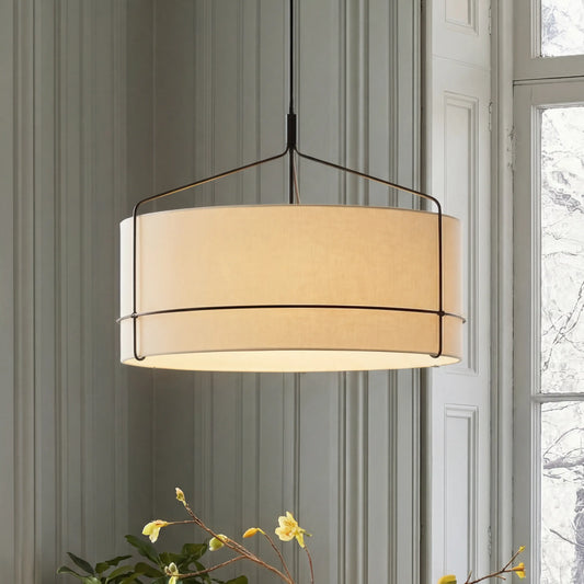 Rustic White Fabric Drum Shade Pendant Light