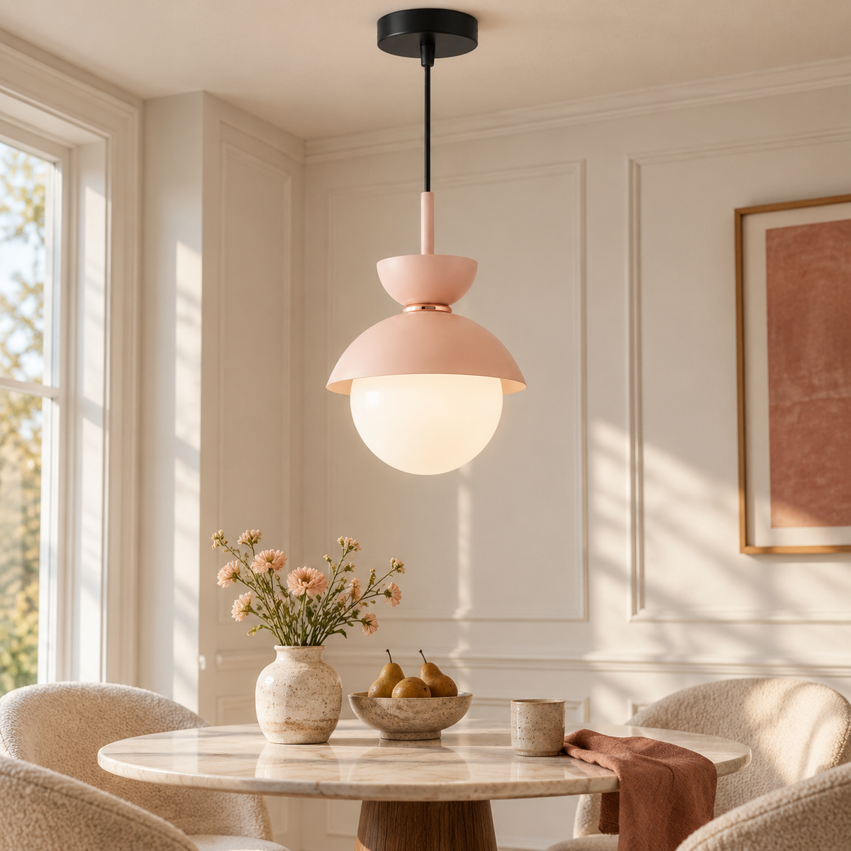 Blush pink Zosia pendant above a round dining table