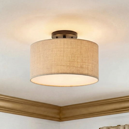 Fabric Natural Linen Drum Shade Flush Mount Ceiling Light