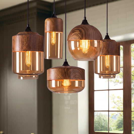 Nordic Woody Metal Pendant LED Light with Tea Colored Glass Shade