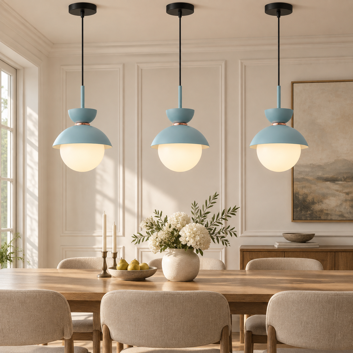 Three light blue Zosia pendants above a dining table