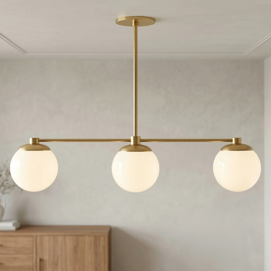 Shandora Modern Linear Triple Globe Opal Glass Brass Chandelier