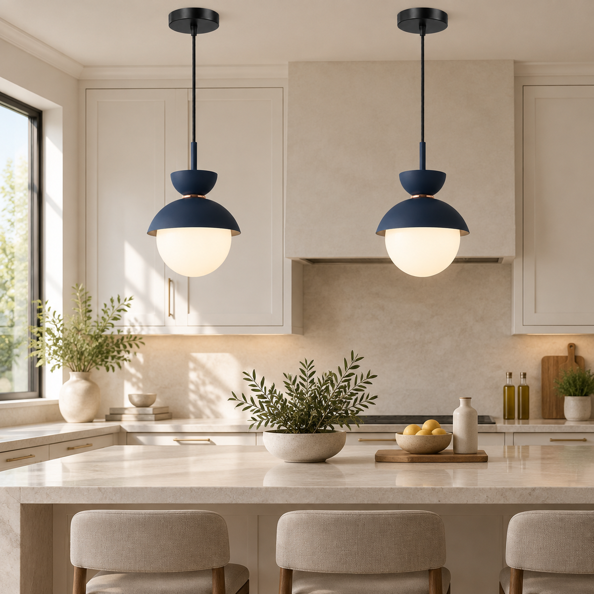Two navy blue Zosia pendants above a kitchen island