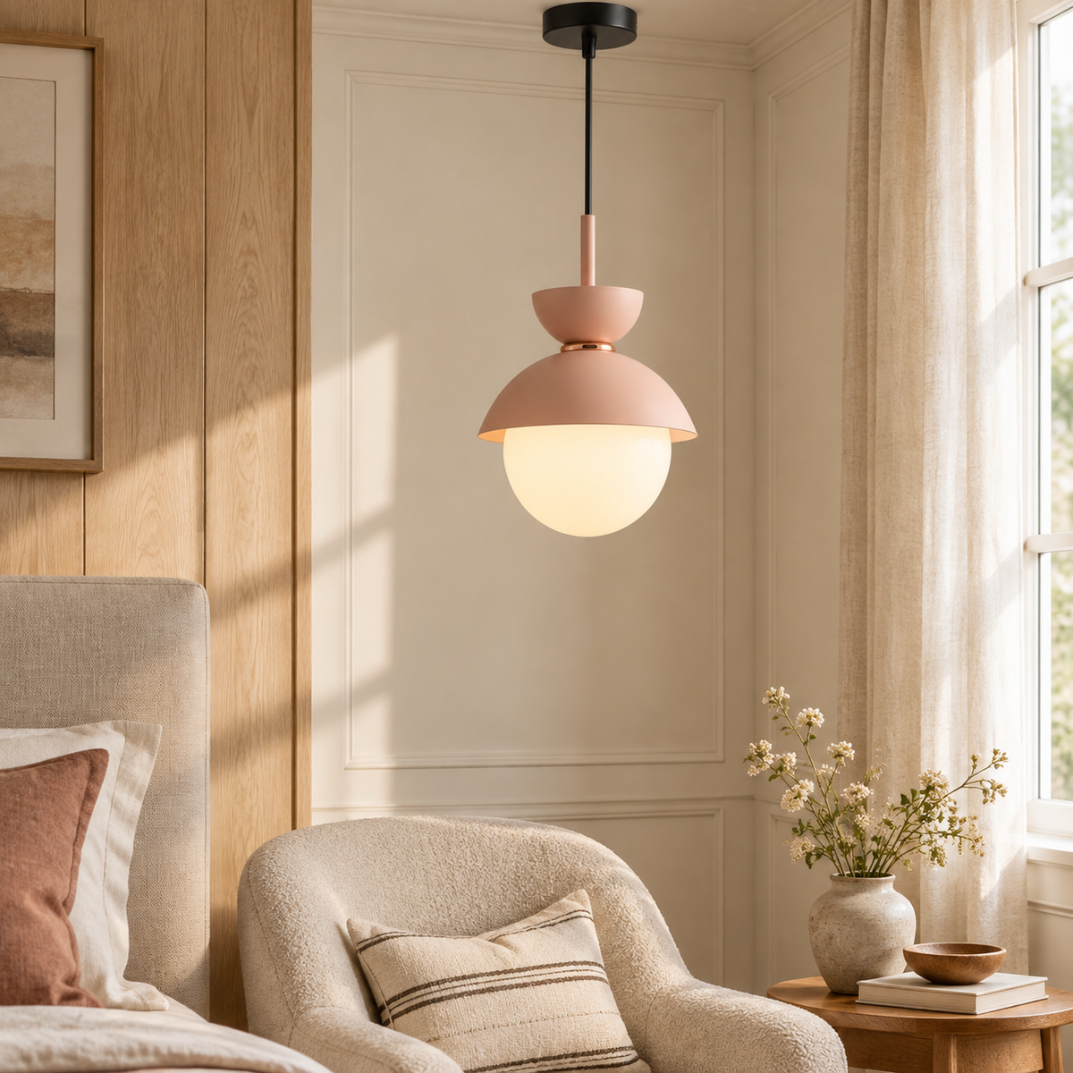 Blush pink Zosia pendant in a contemporary bedroom
