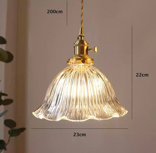 Classic Fluted Glass Flower Pendant LED Light in French Vintage Style