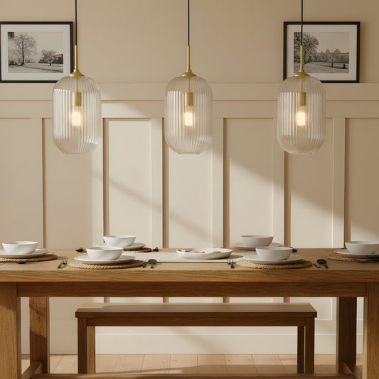 Modern Farmhouse Ribbed Clear Glass Pendant Light for Kitchen Island