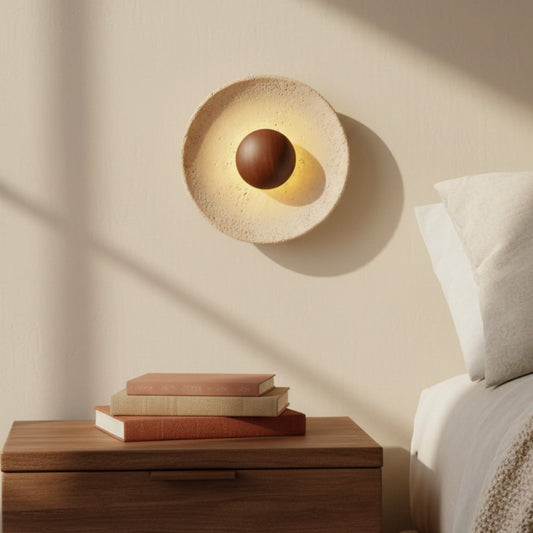 Japanese Wabi-Sabi Round Travertine Natural Stone Wall Sconce