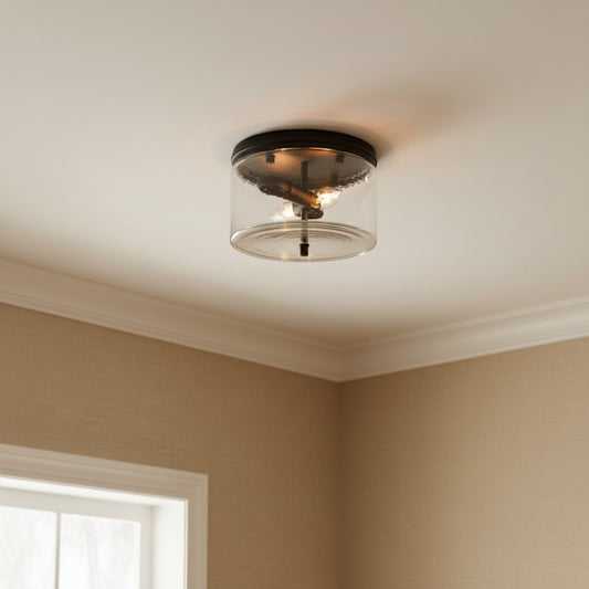 Modern Black Drum Shade Hammered Glass Flush Mount Ceiling Light