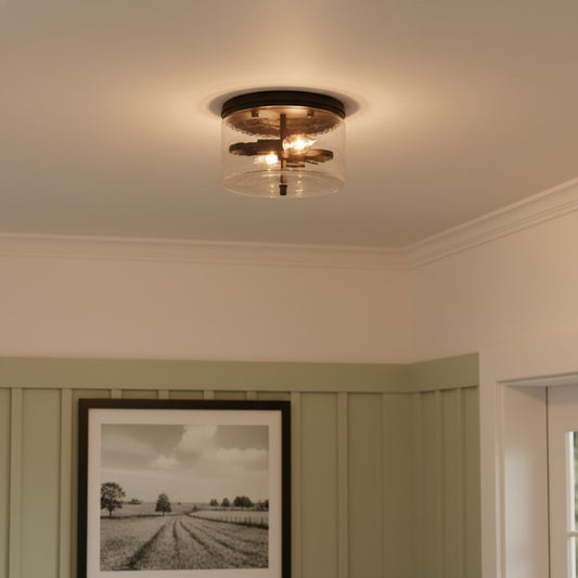 Modern Black Drum Shade Hammered Glass Flush Mount Ceiling Light