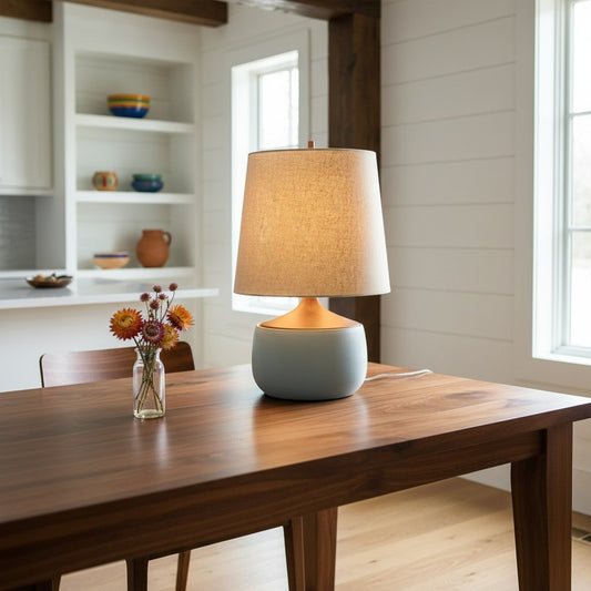 Mid-Century Natural Linen Solid Wood Ceramic Table Lamp For Bedroom