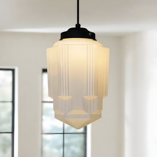 Vintage Art Deco Geometric Milk Glass Pendant Light