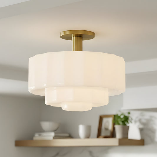 Modern Tiered Textured Milk Glass Flush Mount