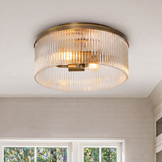 Modern Farmhouse Drum Shade Ribbed Glass Semi Flush Mount Ceiling Light for Kitchen