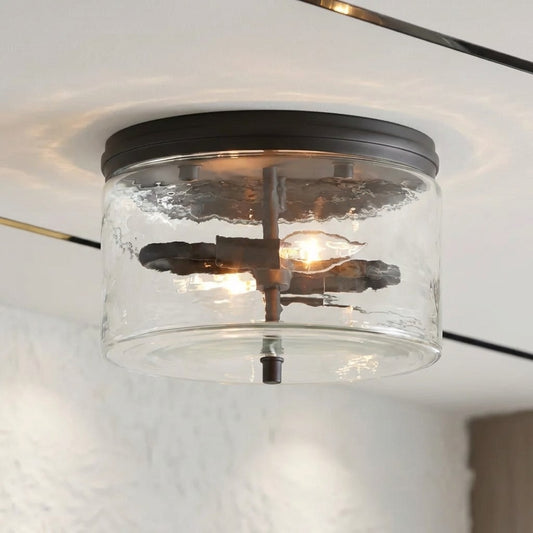 Modern Black Drum Shade Hammered Glass Flush Mount Ceiling Light