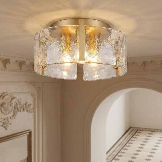 Golden Modern Drum Water Ripple Glass Brass Flush Mount Light