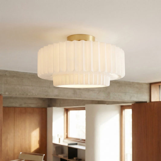 Yvaine Modern Round Ceramic Pleated Semi Flush Mount Light