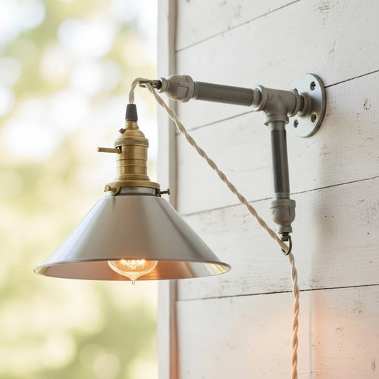 Mila Industrial Pipe Flared Cone Brushed Steel Wall Light