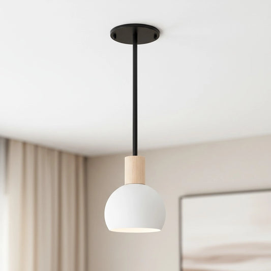Arabella Minimalist Dome Shade Wood Accent Metal Pendant Light