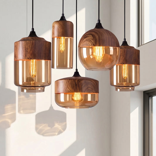 Nordic Woody Pendant Light With Tea Colored Glass Shade