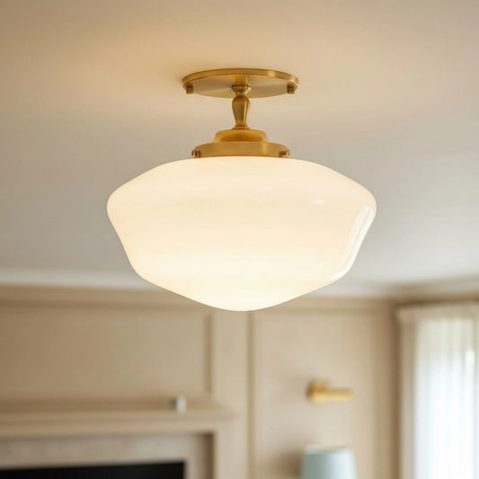 Zachary Vintage Art Deco Wavy Bowl Opal Glass Ceiling Light