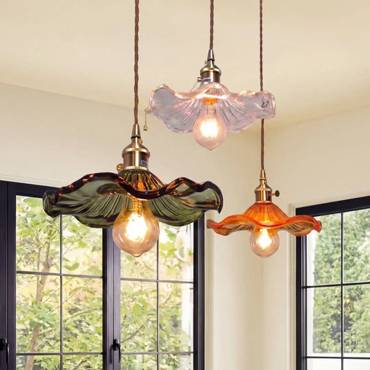 Glass Hibiscus Flower Pendant LED Light in Vintage Style