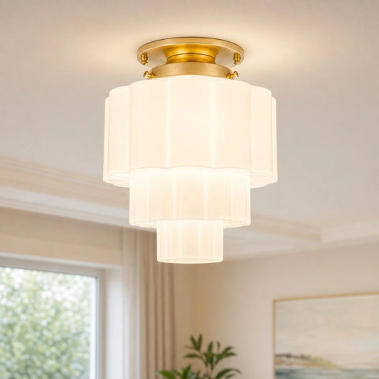 Annabelle Modern Geometric Tiered Polished Brass Glass Ceiling Light