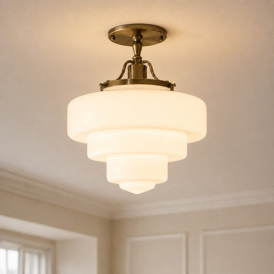 Pace Vintage Tiered Stepped Brass Glass Ceiling Light
