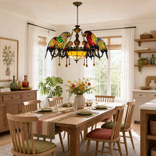 Maxine Vintage Stained Glass 7-Light Parrot Chandelier