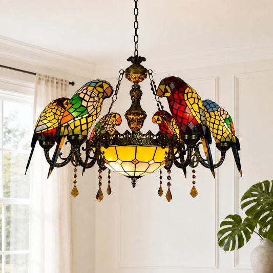 Maxine Vintage Stained Glass 7-Light Parrot Chandelier