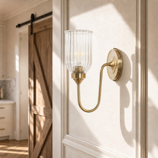 Megen Vintage Brass Cylinder Ribbed Glass Wall Sconce