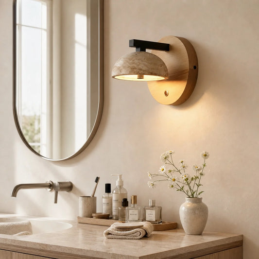 Eiren Vintage Wabi-Sabi Travertine Wood and Stone Wall Sconce