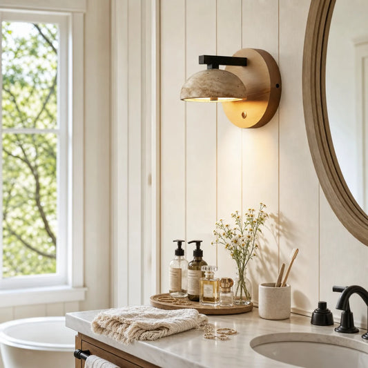 Eiren Vintage Wabi-Sabi Travertine Wood and Stone Wall Sconce