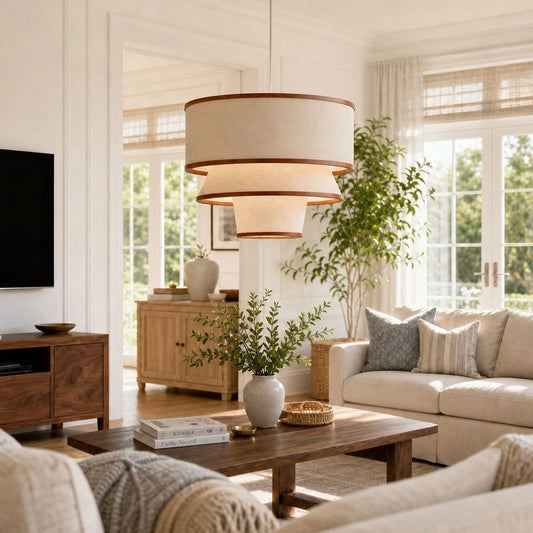 Rivena Modern Walnut Wood and Linen Pendant Light