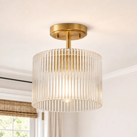 Uvira Farmhouse Ribbed Glass Drum Shade Brass Semi Flush Mount Ceiling Light