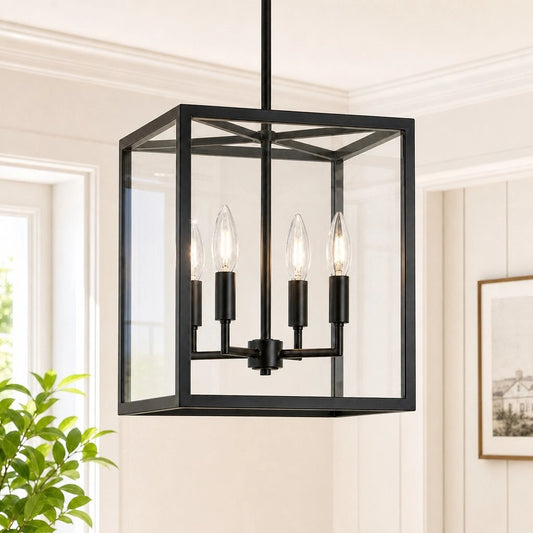 Wyllen Farmhouse Square Lantern Glass Metal Pendant Light