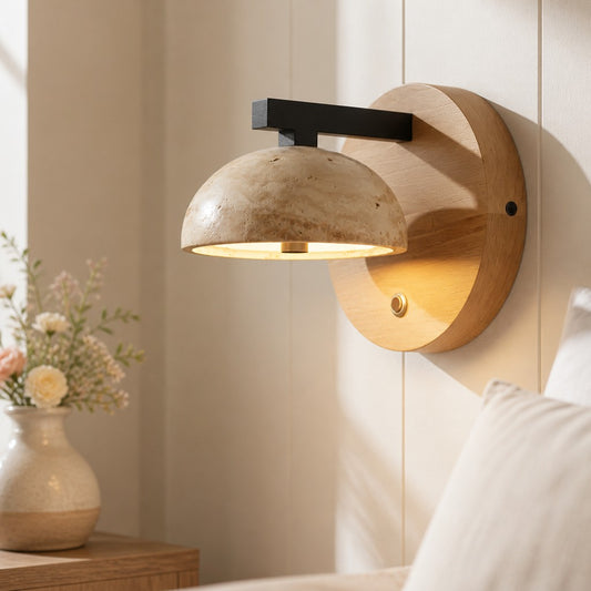 Eiren Vintage Wabi-Sabi Travertine Wood and Stone Wall Sconce
