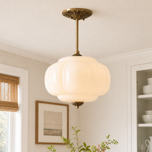 Wrene Vintage Scallop Milk Glass Semi-Flush Pendant Light